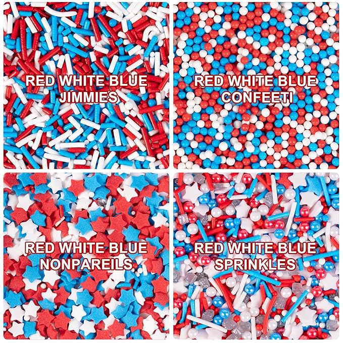 Patriotic Sprinkles 4 Cell Edible Red White and Blue Sprinkle Mix Jimmies Nonpareils Perfect for Cake Decorations Baking Ice Cream Cookies Cupcake Topper 6.5OZ