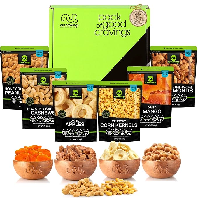 NUT CRAVINGS - Diwali Dried Fruit & Mixed Nuts Basket in Green Box (6 Assortments of 4 oz, 1.5 lb) Food Arrangement, Healthy Snack Care Package, Food Assortments