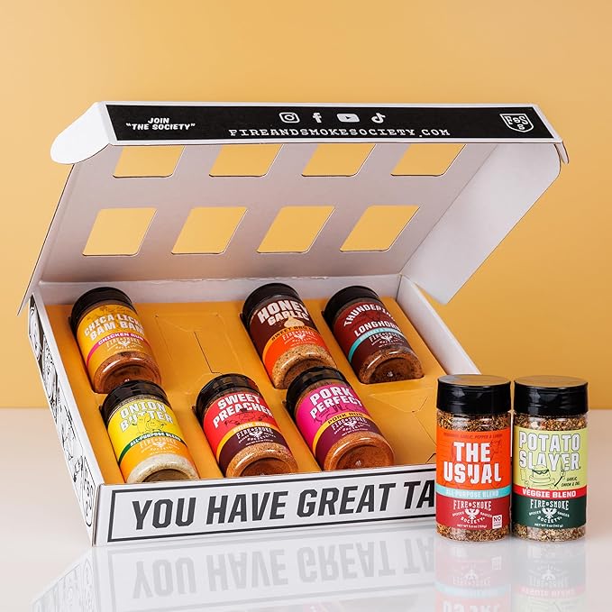 Fire & Smoke Society Essential Grill Variety Pack | BBQ Rubs and Seasonings, Grilling Gifts for Fathers Day, Mens Gifts | Steak Seasoning, Chicken, Burgers, Pulled Pork | Large Spices Set (8-Pack)