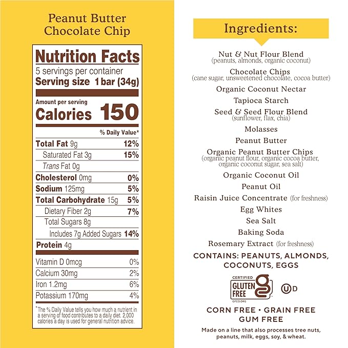 Almond Flour Snack Bars (Peanut Butter Chocolate) with Organic Coconut Oil, Chia Seeds, Sunflower Seeds, and Flax Seeds, 6oz, 6 Count