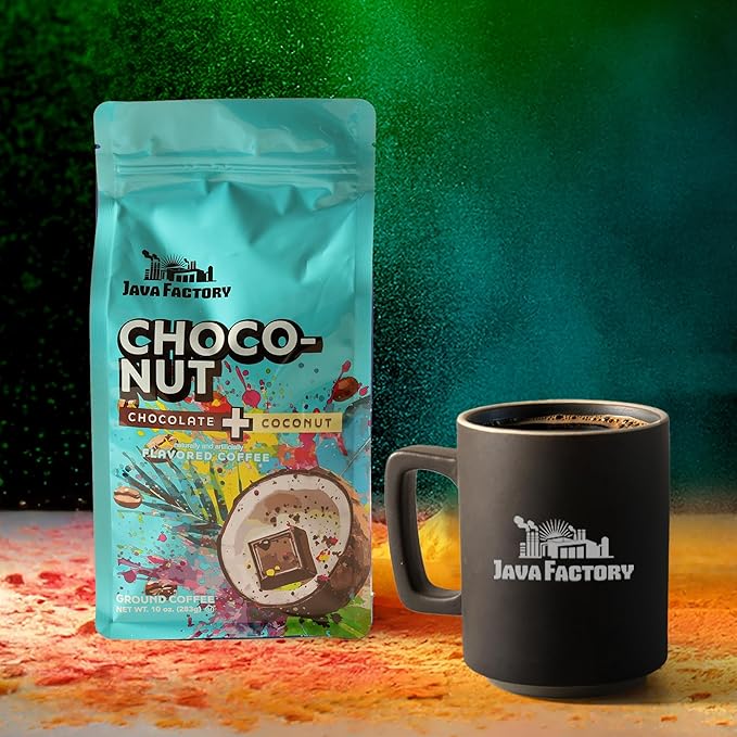 Java Factory Choconut Flavored Ground Coffee Bag ??Chocolate and Coconut Brew, Made with 100% Arabica Beans - Flavor Enhanced, 10 Oz