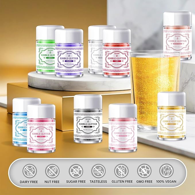 Edible Glitter for Drinks ??14 Colors Luster Dust, Food Grade Cocktail Shimmer Powder for Cakes, Beverages, Chocolate & Candy, 5g/Bottle
