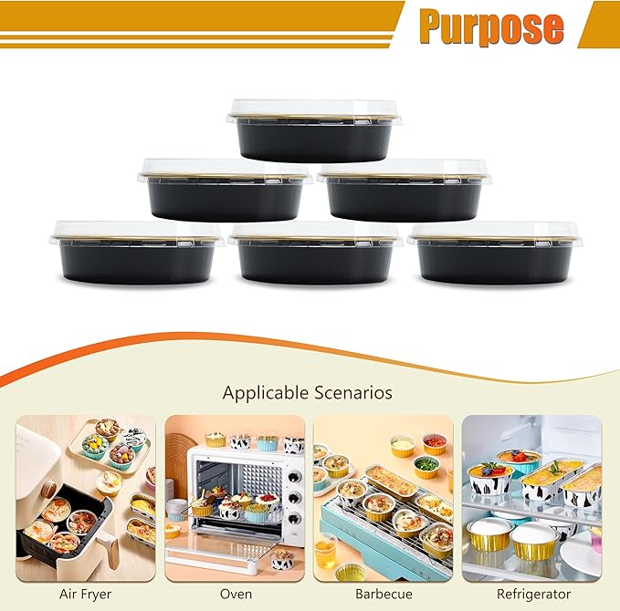 Mini Cake Pans with Clear Lids, 7.2oz 50Pcs Black Creme Brulee Cups for Muffin, Disposable Aluminum Cupcake Pans for Party, Birthday