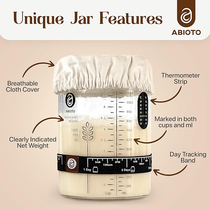 Sourdough Starter Kit with 40 oz Glass Jar ??Extra Thermometer Strips and Breathable Covers Included in Sourdough Starter Jar Kit ??A Perfect Sourdough Bread Starter Kit for Beginners to Expert