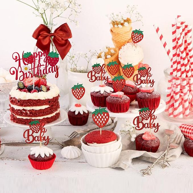 25Pcs Strawberry Cake Topper Glitter Oh Baby Strawberry Cupcake Toppers for Fruit Theme Baby Shower Birthday Summer Party Cake Decorations Supplies Red