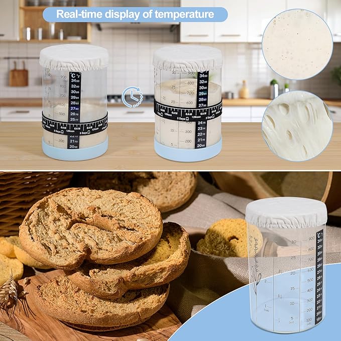 Sourdough Starter Jar,Sourdough Starter Kit with Ounce&ML Scale Line,Date Marked Feeding Band, Thermometer, Sourdough Jar Scraper, Silicone Lid,Cloth Cover & Bamboo Wood Lid(30oz/900ml)