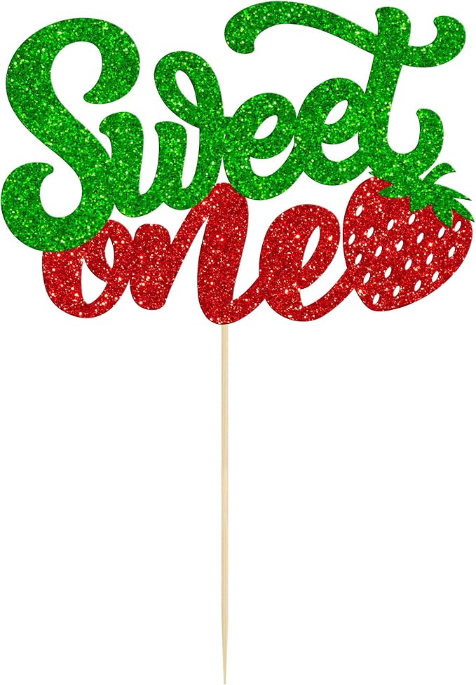 1 Pack Sweet One Cupcake Topper Glitter First Birthday Strawberry Cake Pick for Fruit Baby Shower 1st Birthday Berry Sweet Party Cake Decorations Supplies Green