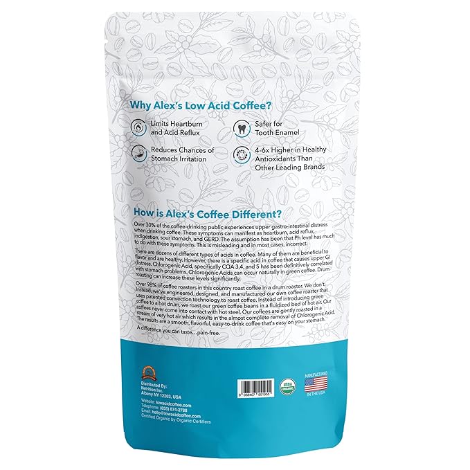 Alex's Low Acid Organic Coffee 12oz Bag - Half Caff Fresh Ground (Pack of 1)
