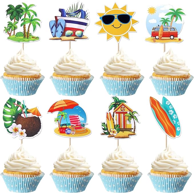 40 Pack Summer Beach Cupcake Toppers Sun Umbrella Coconut Bus House Cupcake Picks Slippers Kayak Cake Decorations for Baby Shower Hawaii Beach Birthday Party Supplies