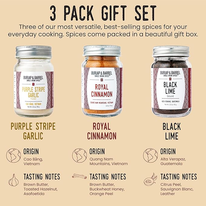 Burlap & Barrel 3-Pack Spice Gift Set ??3 Full-Size Jars of Favorite Spices for the Curious Cook ??Includes Cinnamon, Garlic & Lime Seasonings - As Seen On Shark Tank