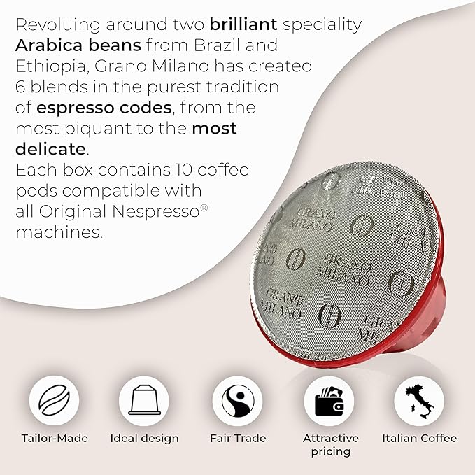 Grano Milano Ristretto Decaf - 50 Espresso Pods Compatible with Nespresso Original line, Medium Roast - Intensity 10/12, Coffee Capsules Made in Italy Espresso Coffee