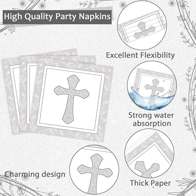 96Pcs Baptism Cross Plates and Napkins First Holy Communion Birthday Party Decorations Gray Religious Christening Ceremony Dessert Plates Tableware Set for 24 Guests Cross Baptism Party Supplies