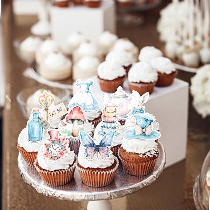 60 PCS Edible Alice in Wonderland Cupcake Toppers Tea Party Cake Decorations Edible Butterfly Flower Bowl Key Clock Eat Me Cupcake Picks for Tea Party Baby Shower Birthday Party Decorations Supplies