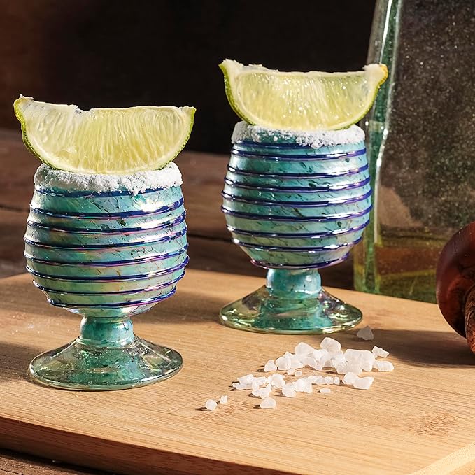 Authentic Mexican Tequila Hand Blown Shot Glasses - Set of 4-2 oz - Mini Glass Snifters - Heavy Base - Cognac (Sapphire Spiral)