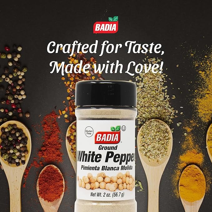 Badia Ground White Pepper, 2 oz ??Smooth, Mellow Heat and Delicate Flavor for Light Sauces, Soups, Poultry and Seafood