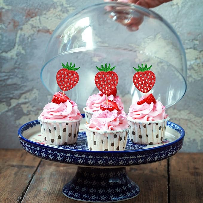 24Pcs Strawberry Cupcake Toppers Red Glitter Fruit Theme Strawberry Cupcake Pick Decorations for Summer Sweet Fruit Baby Shower Kids Birthday Party Cake Decorations Supplies