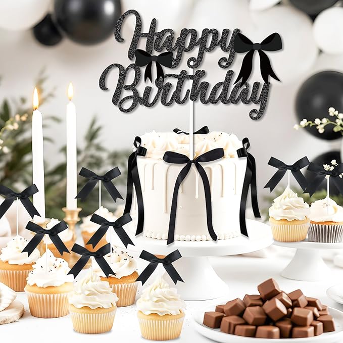 Black Bow Cake Toppers, Happy Birthday Sign, 12Pcs Ribbion Bow Cupcake Toppers & 6Pcs Cake Toppers for Black Bow Birthday Decorations, Baby Shower, Bridal Shower, Graduation Party