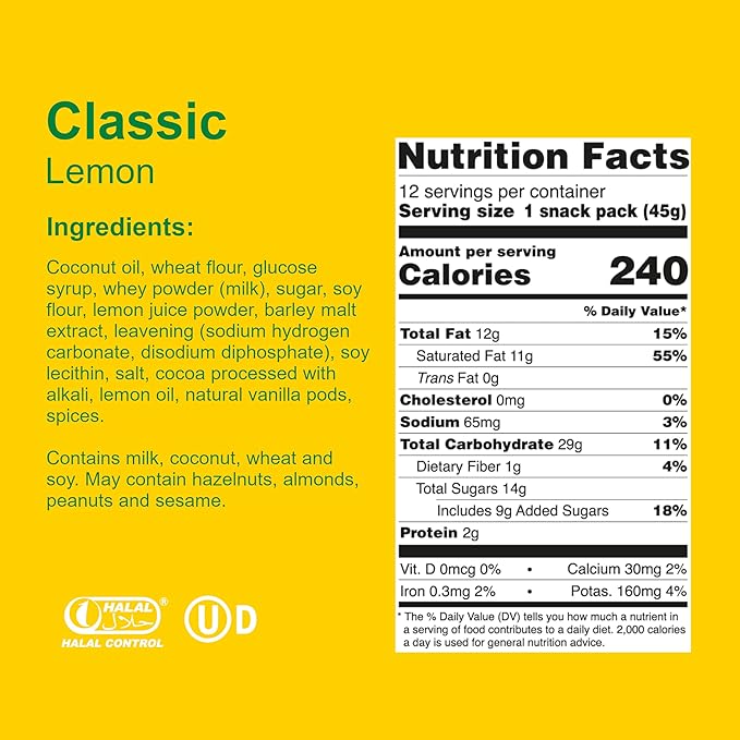 Loacker Classic Lemon Wafers - Premium Crispy Wafer Cookies with Lemon Cream Filling - Multipack of 12 Snack Packs - NON-GMO - Sicilian Lemons - 45g/1.59oz, Pack of 12