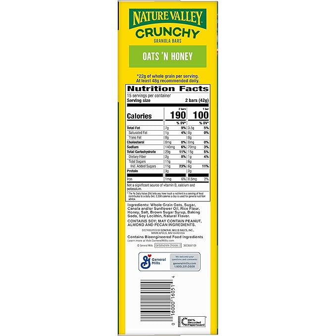 Nature Valley Crunchy Granola Bars, Oats 'n Honey, 30 Ct, 22.35 oz (15 Pouches)