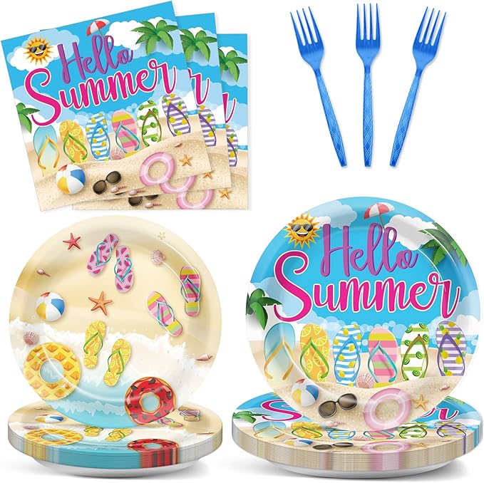 96Pcs Hello Summer Plates and Napkins Beach Party Decorations Hawaiian Tropical Disposable Paper Dessert Plates Tableware Set for 24 Guests Kids Summery Ocean Pool Birthday Party Supplies