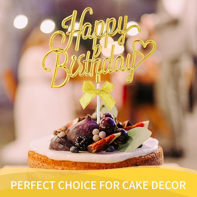 Gold Cursive Happy Birthday Cake Topper Plastic - 3D Double Sided Happy Birthday Sign for Cake with Bow, Idea for Cake Decoration (LIGHT GOLD)
