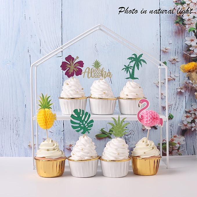 28 PCS Tropical Cupcake Toppers Glitter Leaf Pineapple Flower Palm Tree Flamingo Cupcake Picks Aloha Cake Decorations for Summer Hawaiian Luau Theme Baby Shower Birthday Wedding Party Supplies