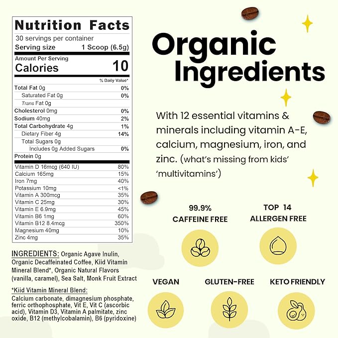 Kiid Coffee - 99.9% Caffeine-Free Organic Coffee for Kids - As Seen on Shark Tank - 12 Vitamins & Minerals, 4g Prebiotics, 0g Sugar - Non-GMO & Gluten-Free - Healthy Snack - Caramel - 30 Servings