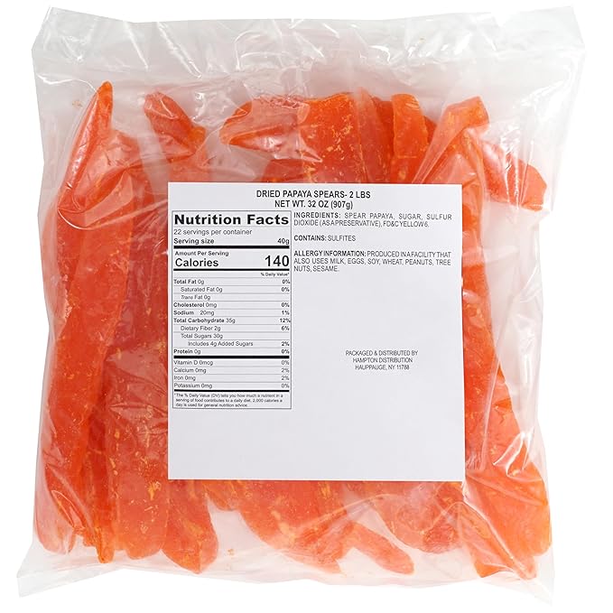 Dried Papaya Spears, 2 Pound Bag, The Hampton Popcorn & Candy Company