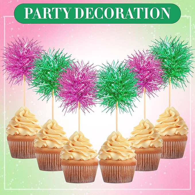 Chinco 100 Pcs Foil Firework Cupcake Toppers Sparkle Tinsel Cake Toppers Cake Decoration Cocktail Fruit Toothpick for Birthday Wedding Graduation Party(Pink, Green)