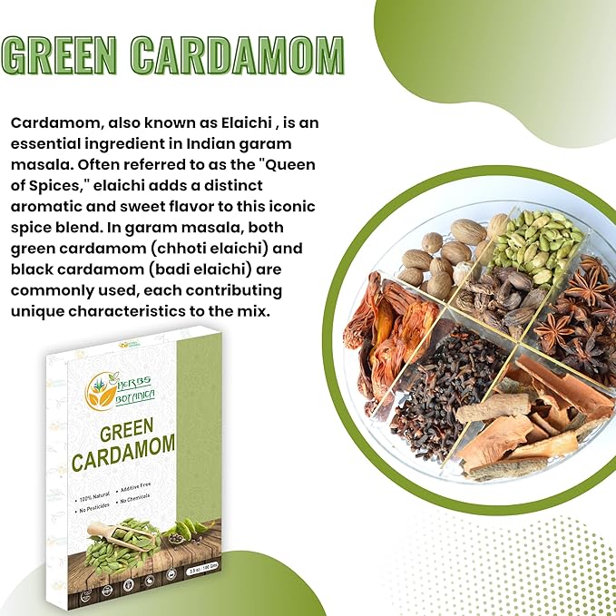 Herbs Botanica Green Cardamom Pods Whole 7-8mm size Elaichi for Culinary Delights and Aromatic Infusions Handpicked Fresh Fragnant and Flavorful Perfect for Cooking, Baking, and Brewing 100g / 3.5 oz