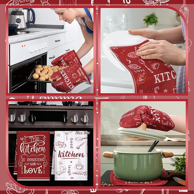 Bencailor 12 Pcs Farmhouse Kitchen Decor Sets, 8 Red Kitchen Dish Towels 2 Pot Holders 2 Oven Mitts Glove, Rustic Hand Towels and Dishcloths Sets for Home Decorations Accessories Christmas Mom Gifts
