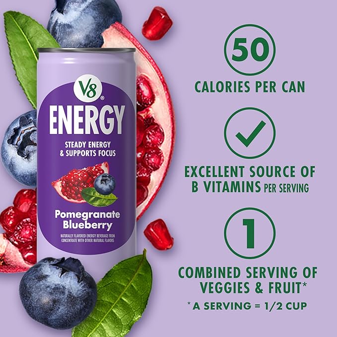 V8 +Energy Peach Mango, Orange Pineapple, Black Cherry and Pomegranate Blueberry Juice Energy Drinks, 8 fl oz Can (24 Pack)