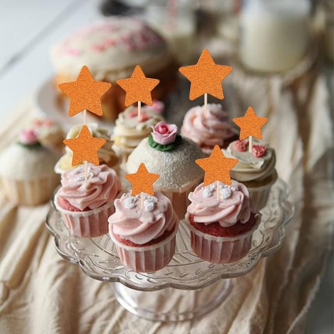 30 PCS Star Cupcake Toppers Glitter Assembled Twinkle Star Cupcake Picks Wedding Engagement Bridal Shower Birthday Party Cake Decorations Supplies Mixed Size Orange