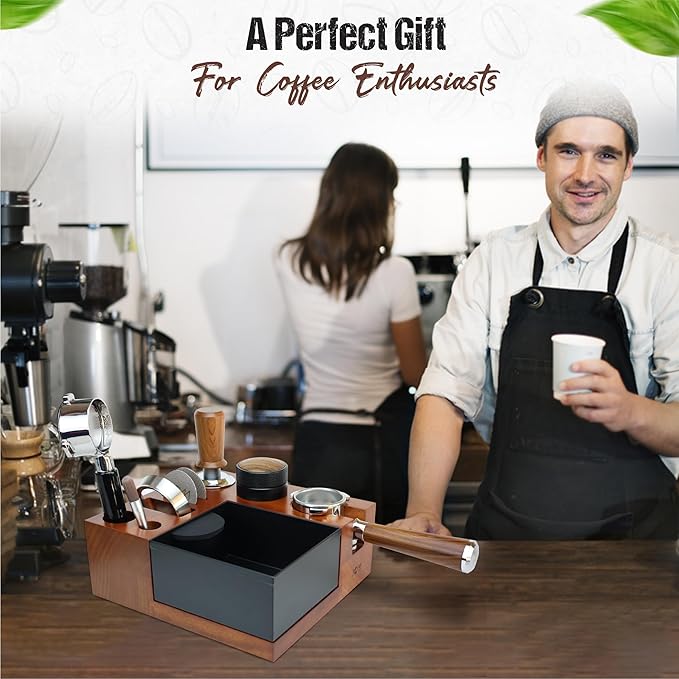 Espresso Knock Box & Tamping Station - Coffee Organizer Box for 58mm Tamper, Distributor, Dosing Funnel, Portafilter & Puck Screen Accessories - Includes Cleaning Brush"