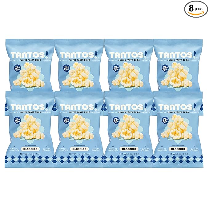 Tantos! Puffed Pasta Chips ??Healthy Pasta Snack by Top Chef Joe Sasto ??Plant-Based, Low Calorie, Crunchy Chips ??Variety Pack ??Marinara, Pesto, Cacio e Pepe, Classico ??Gourmet Bold Flavors (1 oz 8 Pack, Classico)