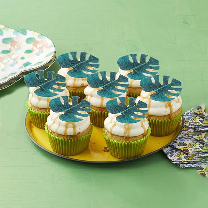48 Pack Edible Tropical Turtle Leaf Cupcake Toppers Palm leaves Cake Picks for Summer Jungle Theme Baby Shower Kids Birthday Cake Decorations Party Supplies