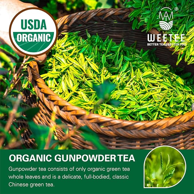 WT WEETEE Organic Gunpowder Green Tea, USDA Organic Loose Leaf Green Pearls Tea 8 Ounce, Full-Bodied & Gently Rolled Chinese Green Tea, Caffeinated