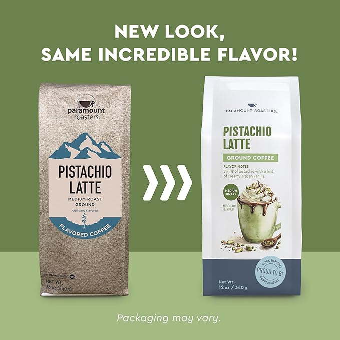 Paramount Roasters, Pistachio Latte Flavored Ground Coffee, 1-12oz bag, Medium Roast (Paramount Coffee Company)