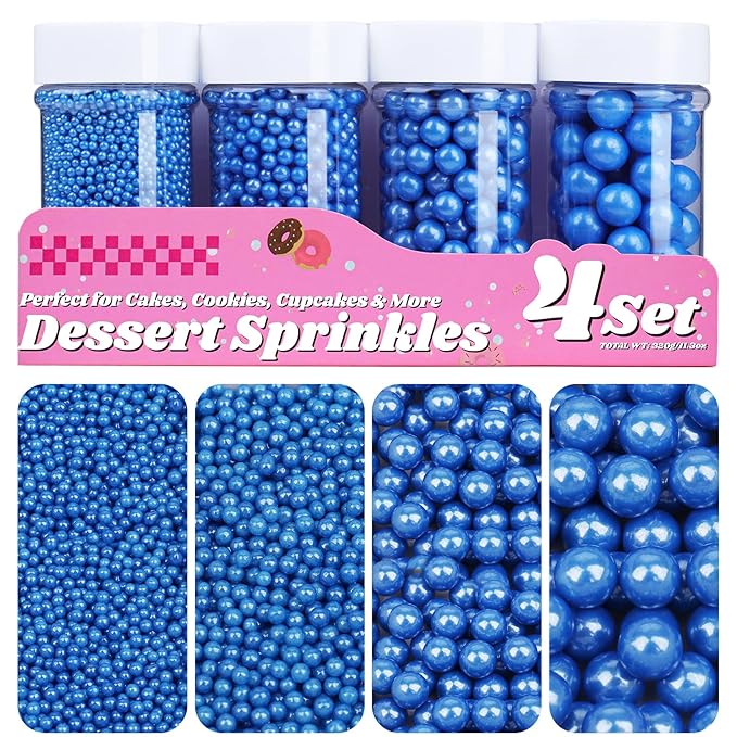 Blue Pearl Sprinkles for Cake Decorating, 11.3 Oz Edible Pearls Sugar 4 Sizes Gift Box Set for Baking Cookie Ice Cream Cupcake Toppings