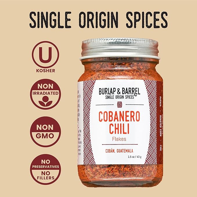 Burlap & Barrel Cobanero Chili Flakes ??Smoky Heat with Fruity, Peachy Aroma ??Red Chili Flakes for Spicy Dishes ??As Seen On Shark Tank - 1.5oz Glass Jar