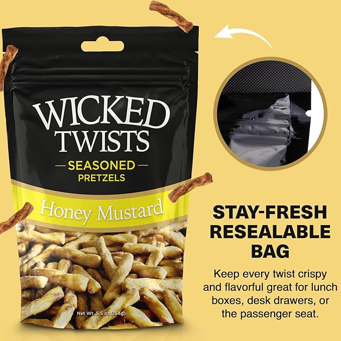 Wicked Twists Honey Mustard Seasoned Pretzels Twists 5.5 oz (3 Pack) Snack Pretzel Sticks Rods, Bold Flavor Snack, Resealable Fresh Pack, Baked Crunch, Party & School-Ready