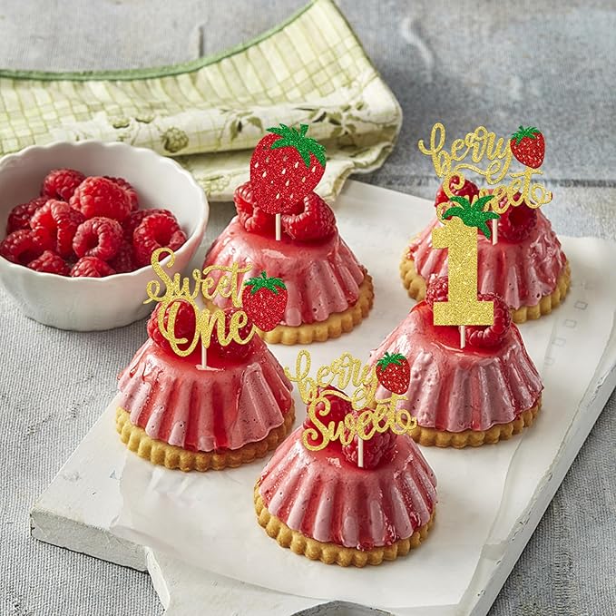 24 Pack Sweet One Cupcake Toppers Glitter First Birthday Strawberry Cupcake Picks for Fruit Baby Shower 1st Birthday Berry Sweet Cupcake Decorations Party Supplies Gold