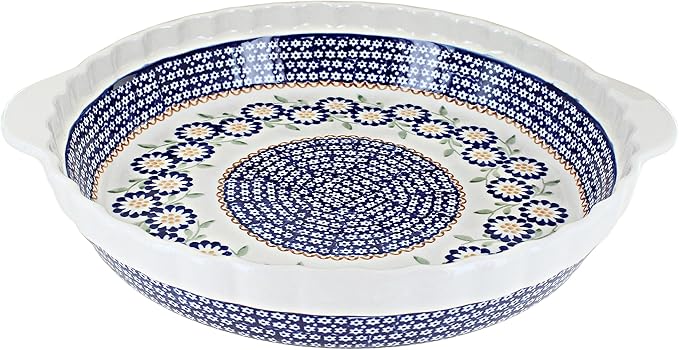 Blue Rose Polish Pottery - Blue Peach Blossom Pie Plate with Handles - 9.75" Diameter - Ceramic Baking Dish, For Pies, Quiches & Desserts