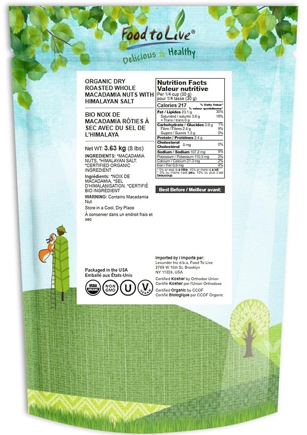 Food to Live Organic Dry Roasted Whole Macadamia Nuts with Himalayan Salt, 8 Pounds – Delicious and Nutritious Snack Made from Premium Non-GMO Nuts