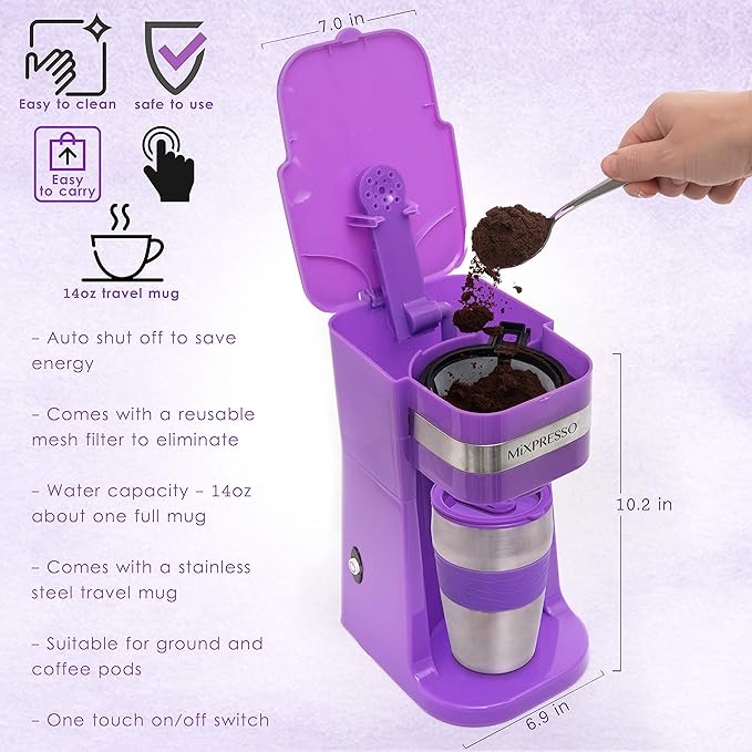 Mixpresso Purple Personal Single Serve Coffee Maker with 14oz Travel Mug, Drip Small Coffee Maker with Auto Shut Off, Reusable Filter, Works with Ground Coffee Only ??Not for K-Cup Pods