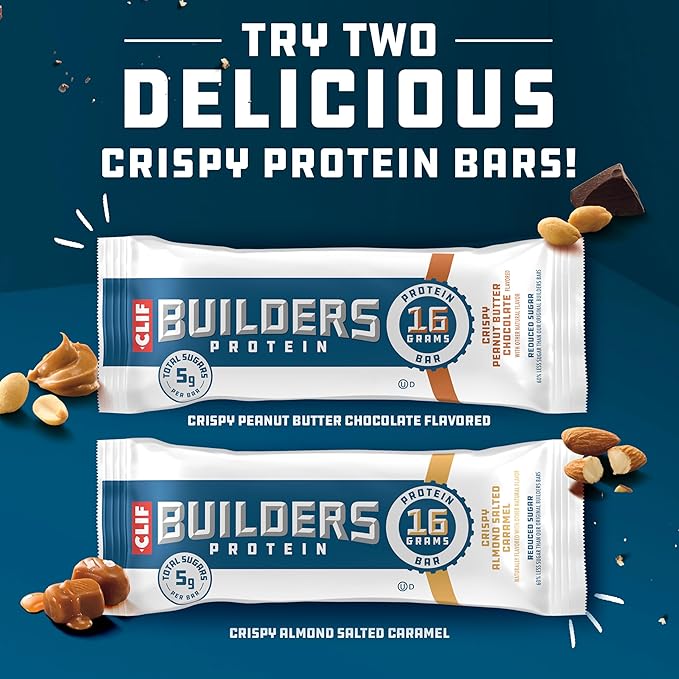 CLIF BUILDERS Protein Bars - Variety Pack - Crispy Almond Salted Caramel and Crispy Peanut Butter Chocolate Flavored - Reduced Sugar - Gluten Free - 16g Protein - No Artificial Sweeteners - 1.97 oz. (12 Pack)