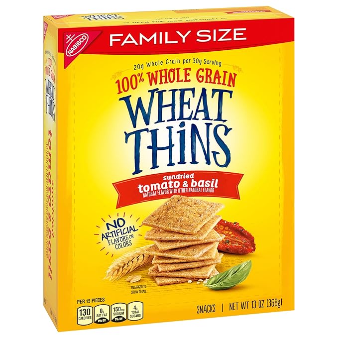 Wheat Thins Sundried Tomato & Basil Snacks, Whole Grain Wheat Crackers, Snack Crackers, Family Size, 13 oz