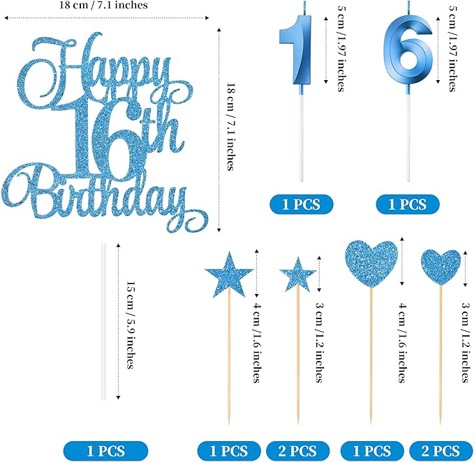 16th Birthday Cake Decorations, 16th Birthday Candles Cake Numeral Candles and Glitter Happy 16th Birthday Cake Toppers Set for Birthday Party Supplies (Blue)