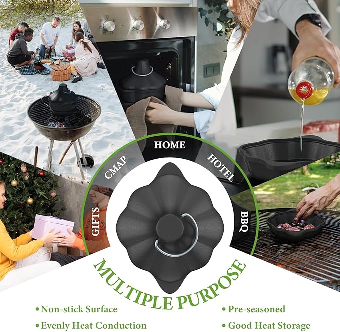 Cast Iron Saucepan & Chocolate Melting Pot, Small Sauce Pan & Tart Pan with Lid and Steamer, Garlic Roaster and Rice Pot for Baking, Grilling and Daily Cooking, Heavy Duty Multi-Functional Pot