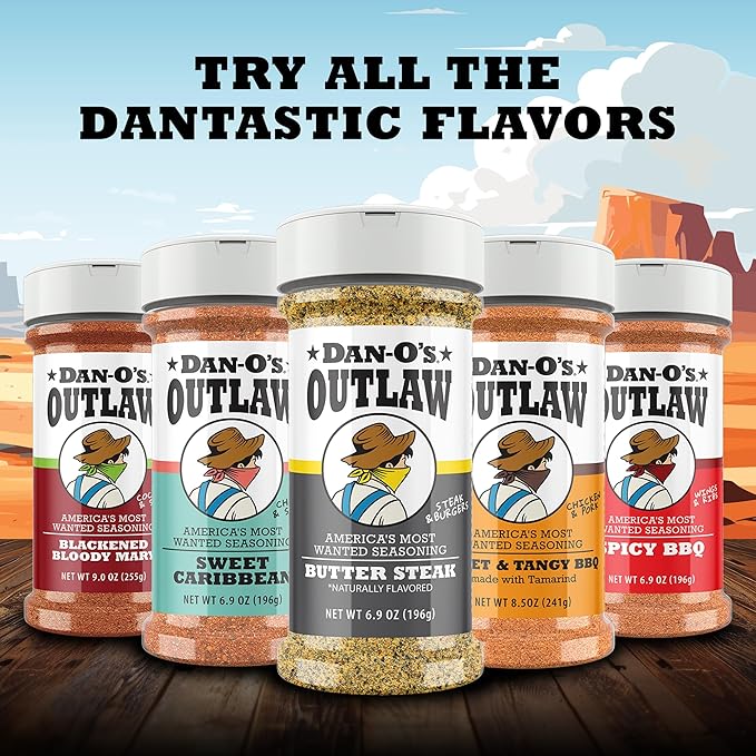 Dan-O's Outlaws Butter Steak Seasoning, 6.9 oz Bottle, All Purpose Seasoning for Steak, Chicken, Veggies and More, Sugar Free, Zero Calorie, Use this Spice Blend to Craft a Marinade, Dry Rub or Sauce